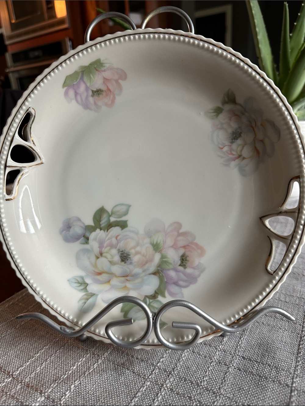 Vintage Porcelain Floral Plate in Pastel White and Pink